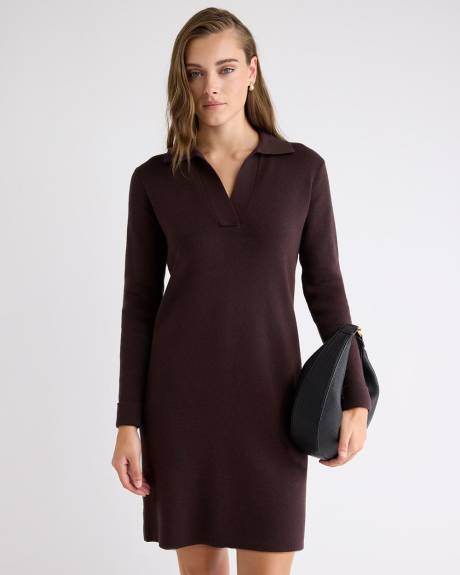 Mini-Robe en Tricot à Manches Longues et Col Johnny