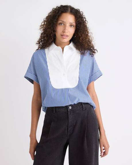 Striped Extended-Sleeve Poplin Bib Blouse with Shirt Collar