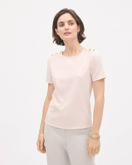 Short-Sleeve Crew-Neck Top with Buttons on Shoulder