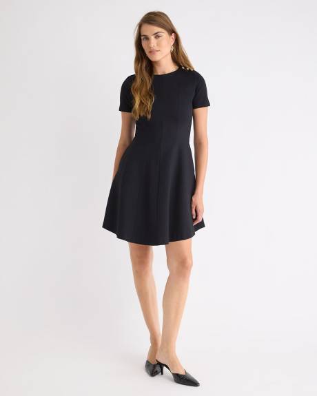 Short-Sleeve Crew-Neck Mini-Dress with Buttons on Shoulder
