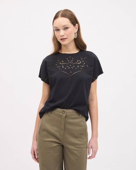 Haut &agrave; Manches Tr&egrave;s Courtes et Col Rond avec Motif &agrave; Oeillets