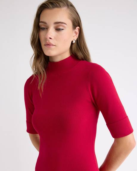 Mini-Robe en Tricot à Manches aux Coudes et Col Montant
