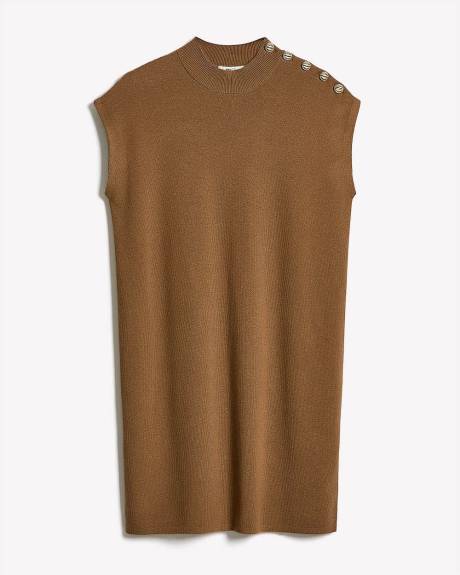 Extended-Sleeve Mock-Neck Mini-Dress with Buttons on Shoulder