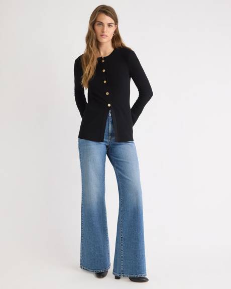 Cardigan Côtelé à Manches Évasées et Col Rond