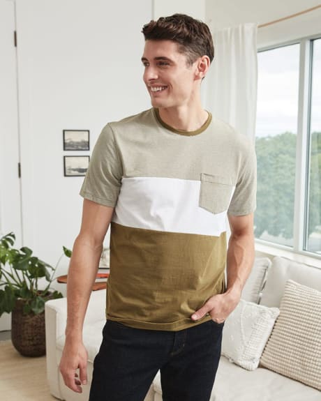 T-Shirt en Piqué avec Panneaux Colorés et Poche Poitrine
