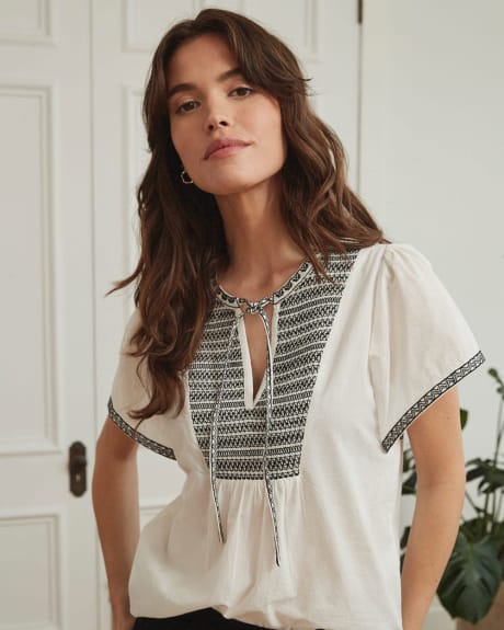 Embroidered Cotton Voile Popover Blouse with Tied Split Neck