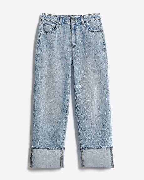 Jeans à Délavé Moyen à Taille Très Haute et Jambe Droite avec Ourlets Roulés