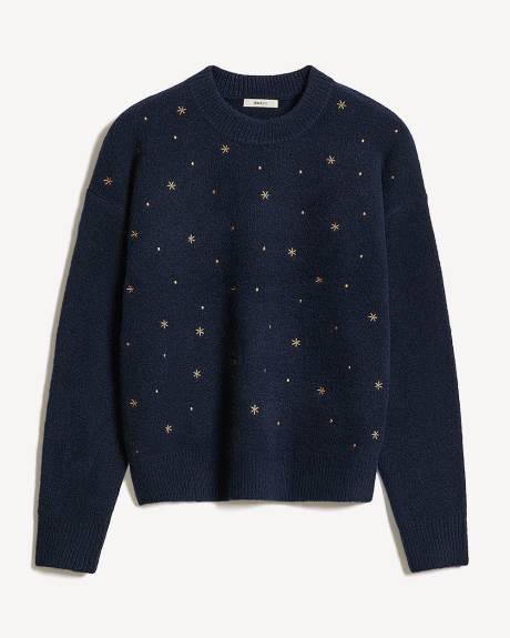 Long-Sleeve Crew-Neck Sweater with Embroidered Pattern