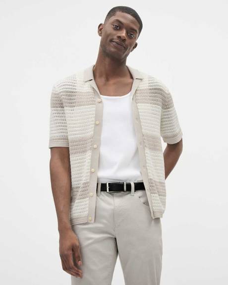 Short-Sleeve Crochet Sweater Shirt with Camp Collar