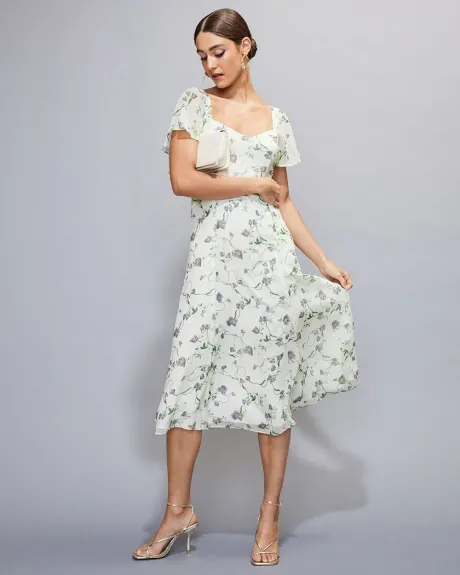 Short-Sleeve Midi Cocktail Dress with Sweetheart Neckline