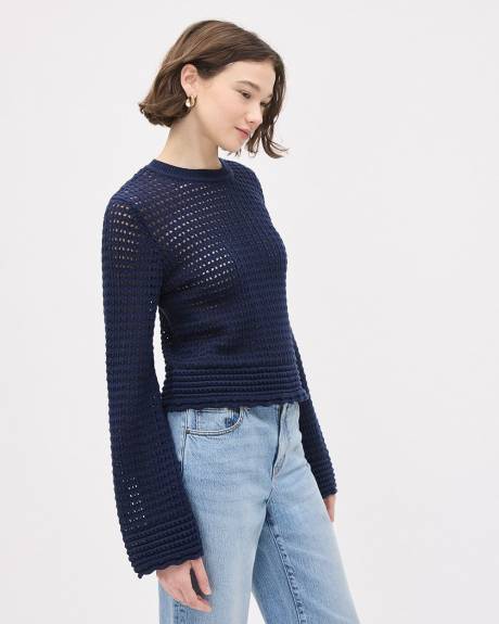 Pull en Mailles Pointelle &agrave; Col Rond et Manches Longues en Cloche