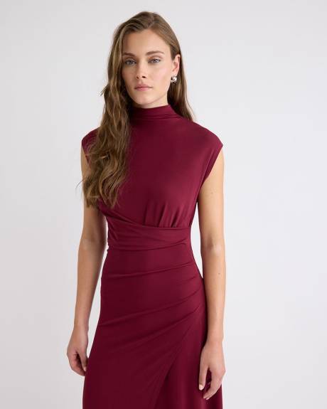 Extended-Sleeve Mock-Neck Draped Midi Dress