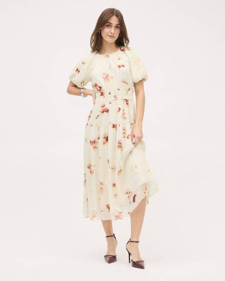 Robe Midi &agrave; Manches Courtes Bouffantes et Col Rond