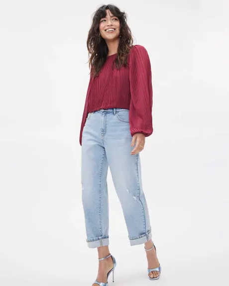 Crew-Neck Popover Blouse with Long Balloon Sleeves