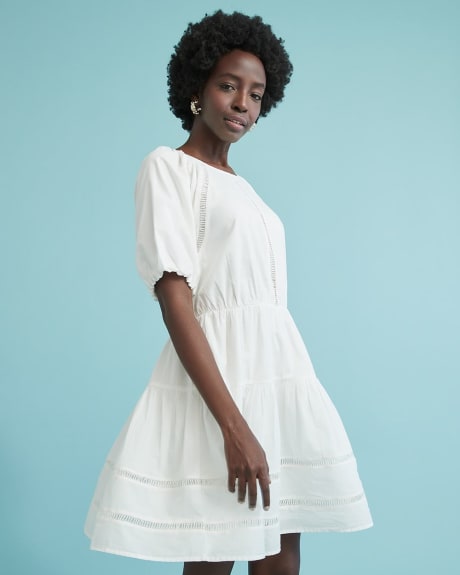 Cotton Voile Short Puffy Sleeve Dress with Paneled Skirt