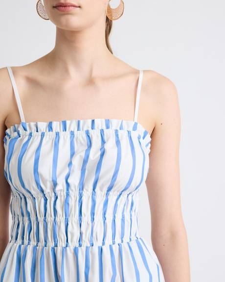 Robe Midi Cintrée et Évasée Rayée Sans Manches avec Haut Smocké en Popeline