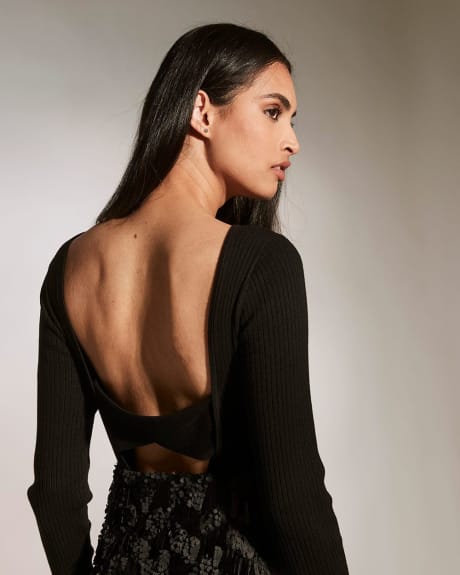 Ribbed Boat-Neck Sweater with Twisted Open Back Detail