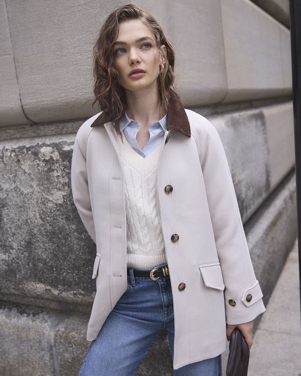 Twill Barn Coat with Corduroy Shirt Collar