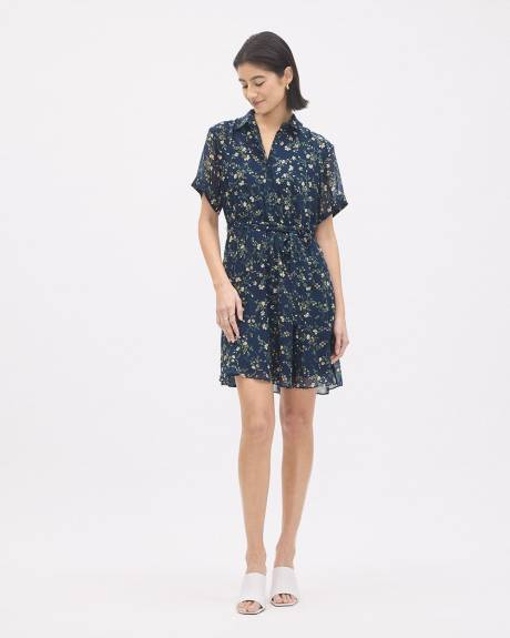 Short-Sleeve Buttoned-Down Chiffon Dress with Shirt Collar