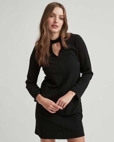 Knit Crepe Long Sleeve Mock-Neck Shift Dress with Cutout