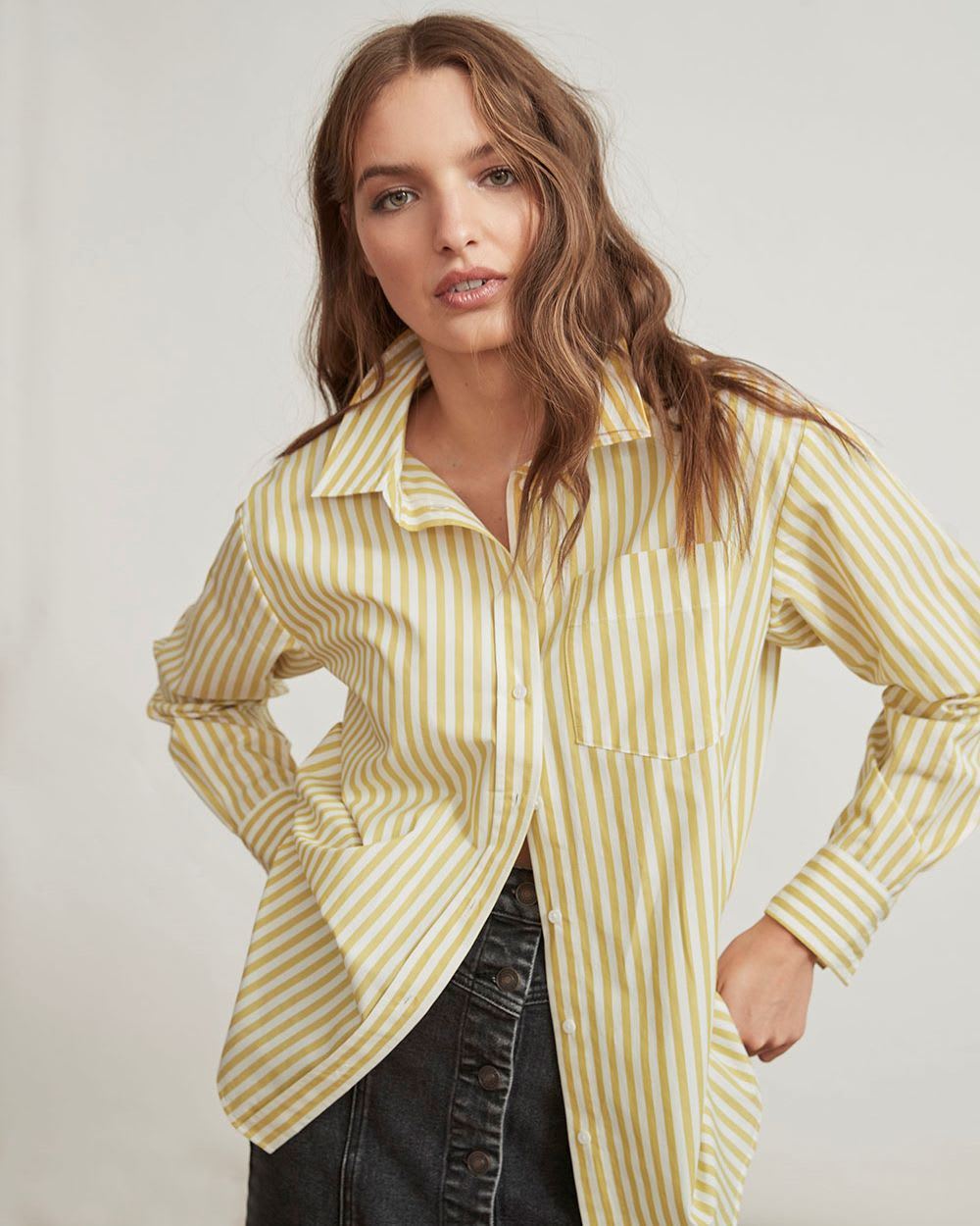 Striped Buttondown Long Sleeve Blouse with Pocket