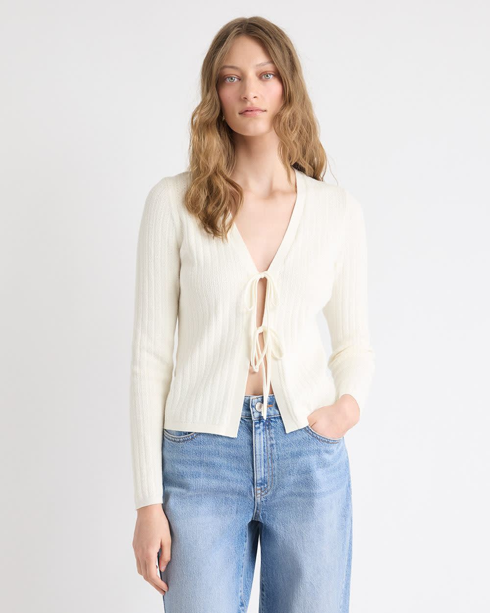 Long-Sleeve V-Neck Self-Tie Sweater in Fancy Stitches