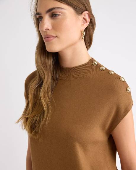 Extended-Sleeve Mock-Neck Mini-Dress with Buttons on Shoulder