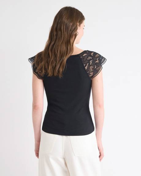 Haut Côtelé à Col V avec Manches Courtes à Volants