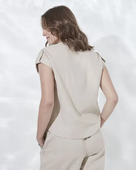 Short-Sleeve Button-Down Linen Blouse