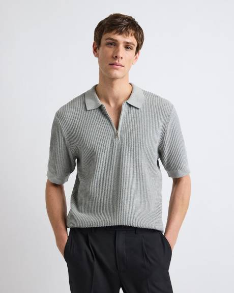 Short-Sleeve Half-Zip Textured Sweater with Shirt Neckline