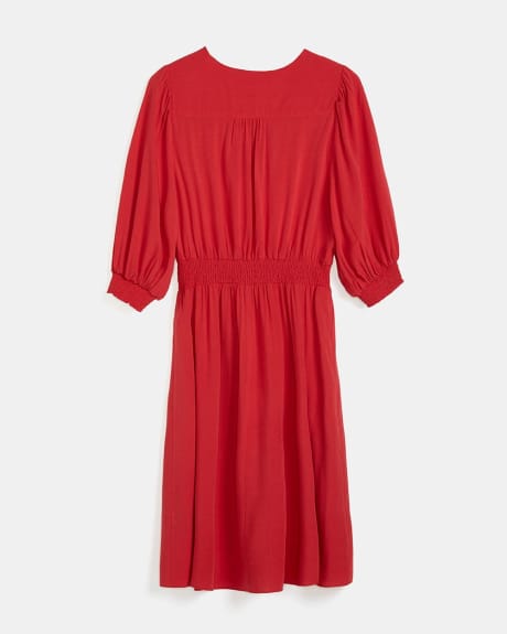 Puffy Sleeve Challis Dress with Tassels at Neck and Shirred Waist