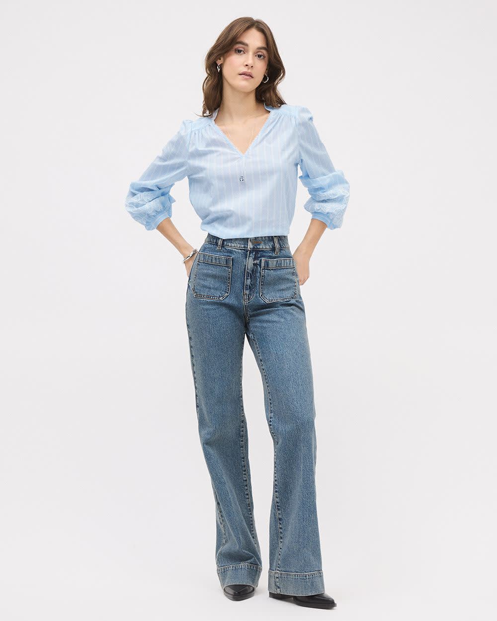 Long Medium-Wash High-Waisted Wide-Leg Jeans