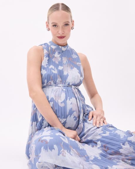 Sleeveless Maxi Cocktail Dress with Floral Print - Thyme Maternity