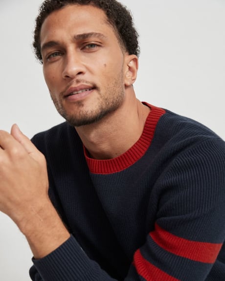 Crew-Neck Sweater with Stripes on Sleeve