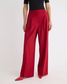 Pantalon Rouge à Jambe Large et Taille Haute