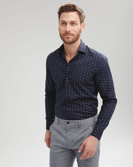 Slim Fit Two-Tone Leaves Patterned Navy Dress Shirt