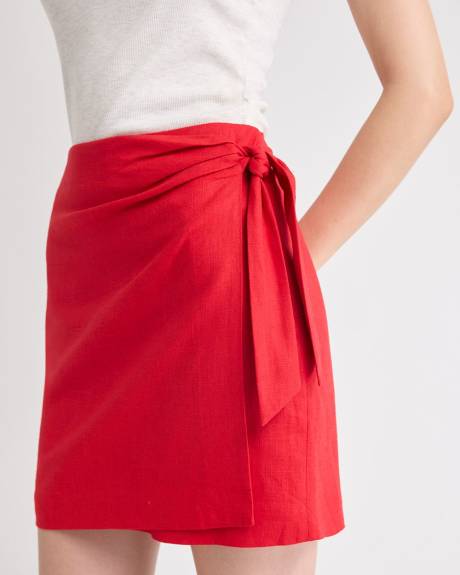 Linen-Blend Wrap Mini Skirt