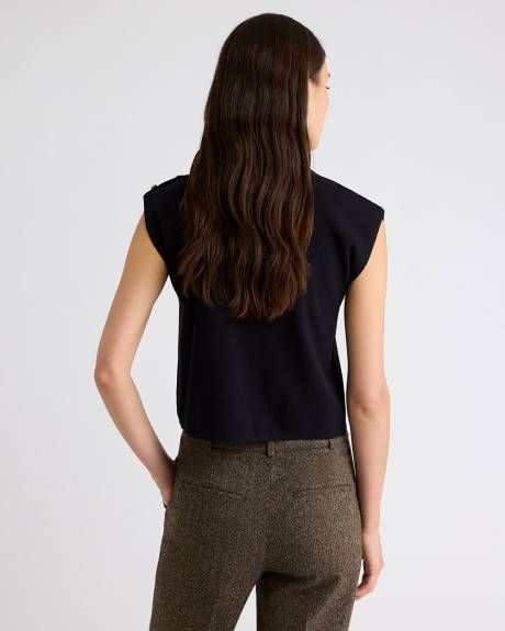 Sleeveless Mock-Neck Sweater with Buttons on Shoulder