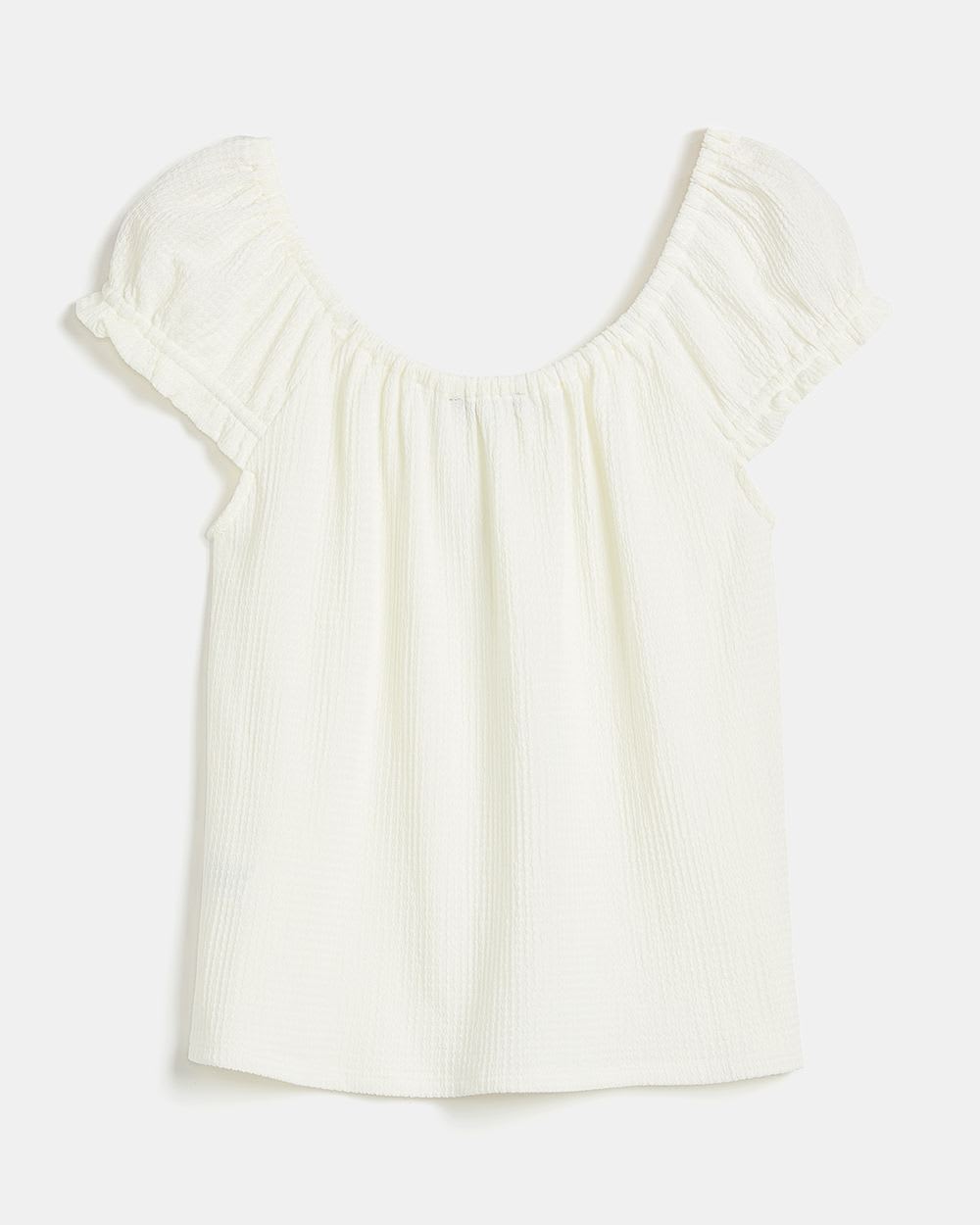 Scoop-Neck Blistered Peasant Top with Tassels