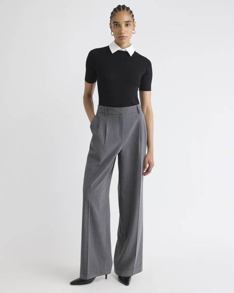 Elbow-Sleeve Ribbed Sweater with Removable Shirt Collar