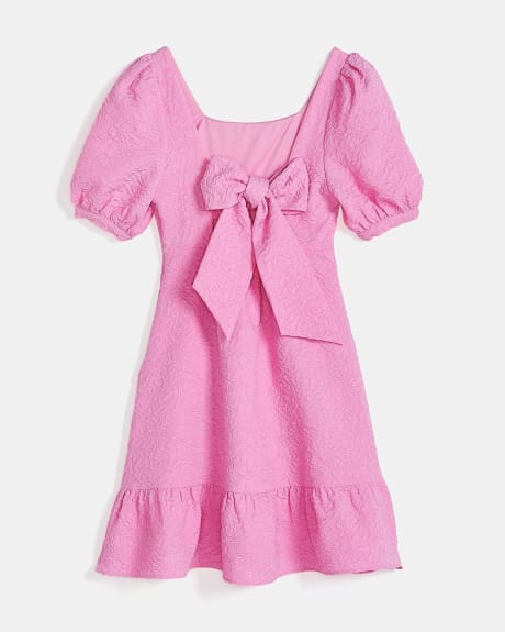 Textured Fit & Flare Puffy Sleeve Dress with Back Bow
