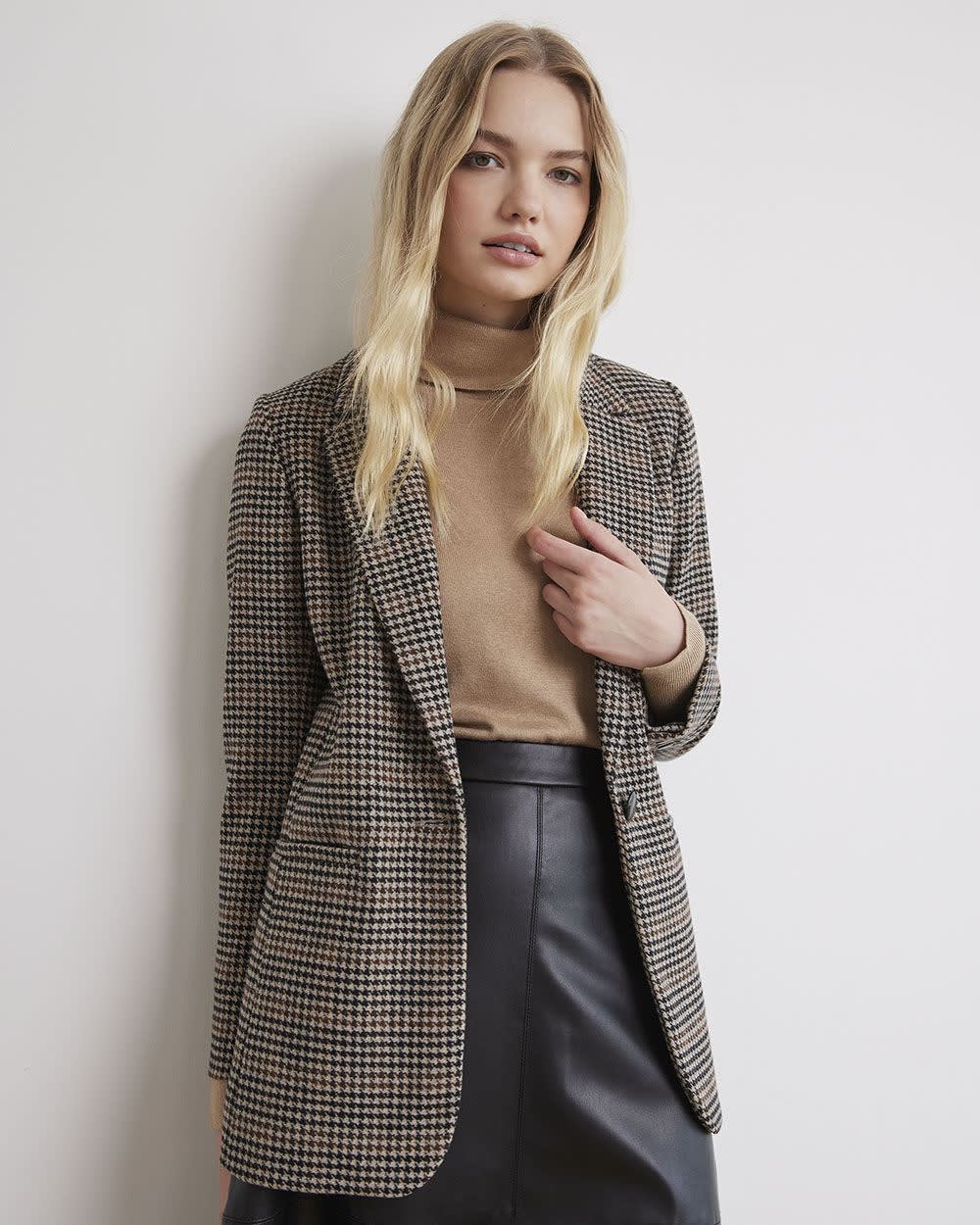Relaxed-Fit One-Button Houndstooth Blazer