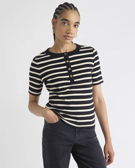 Striped Short-Sleeve Henley Ribbed Top