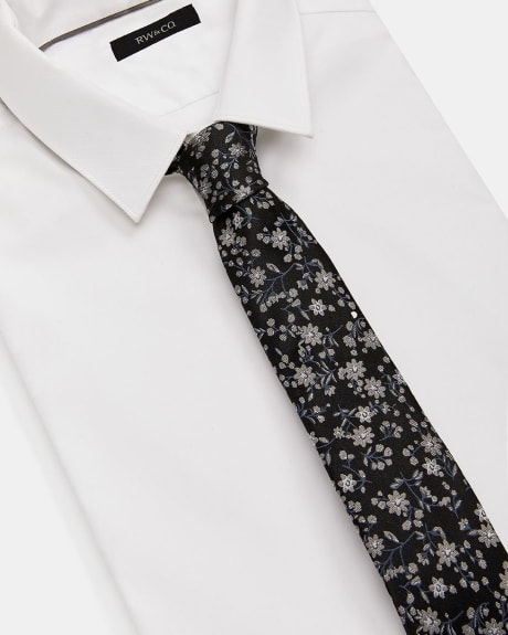 Cravate Régulière Noire à Fleurs Grises