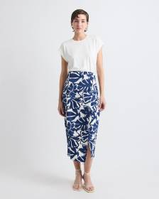 Linen-Blend Straight Midi Skirt with Wrap Front