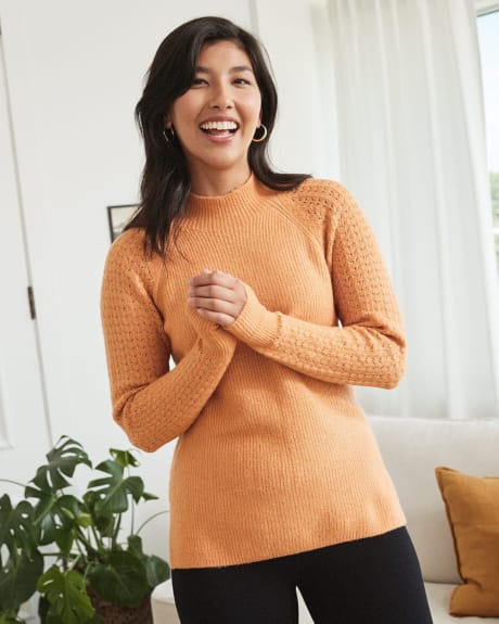 Spongy Funnel Neck Tunic with Pointelle Sleeves