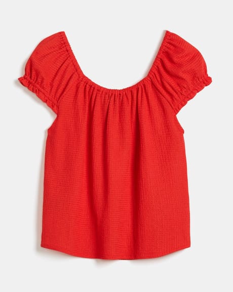 Scoop-Neck Blistered Peasant Top with Tassels