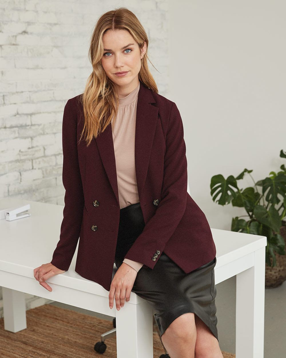 Long Double-Breasted Stretch Blazer