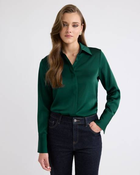 Satin Long-Sleeve Buttoned-Down Blouse