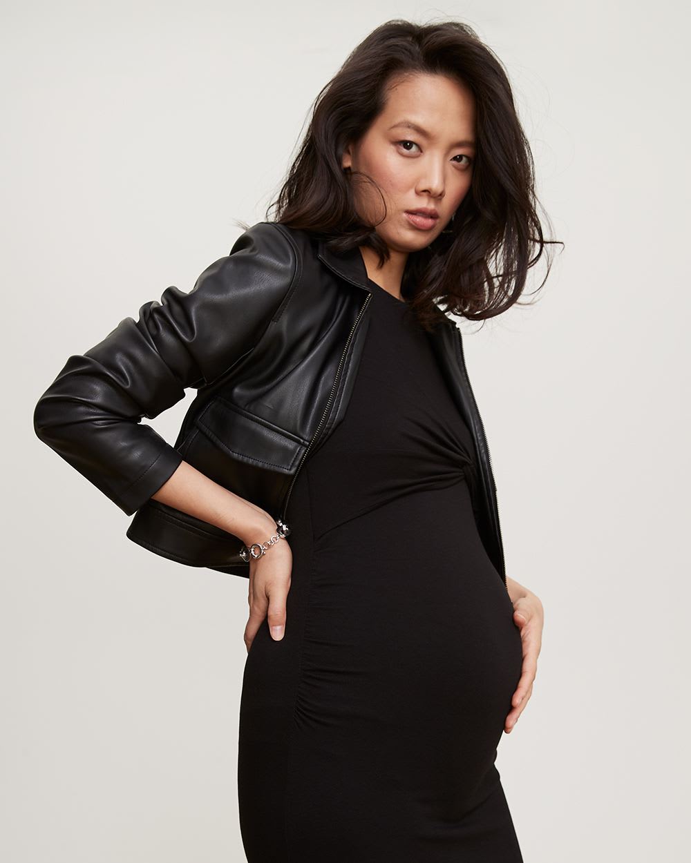 Knit Crepe Long Sleeve Midi Dress with Front Twist - Thyme Maternity